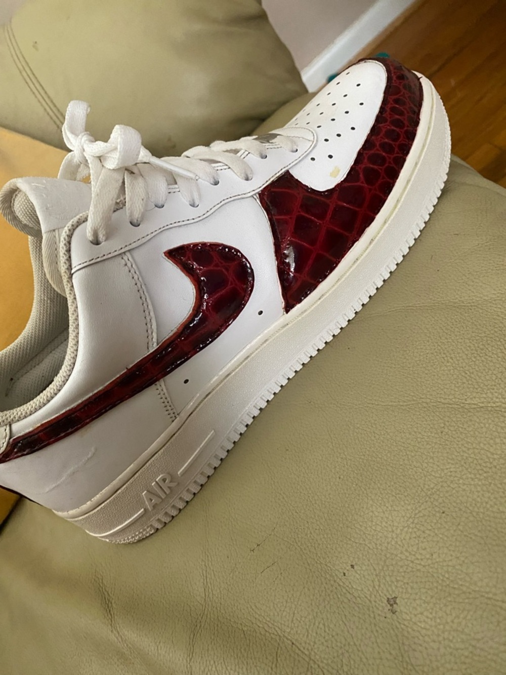 Nike White Sneakers with Red Croc-Texture Accents